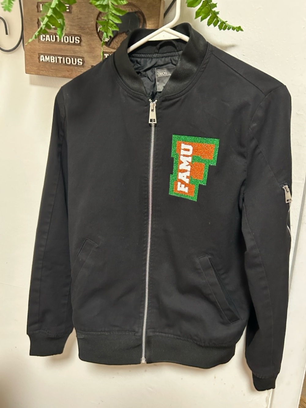 ASOS Florida A&M University Women Black Bomber Jacket with Orange/Green design